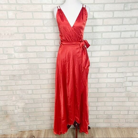 Vtg Handmade Red Satin Wrap Evening Dress Q25 - Picture 1 of 8